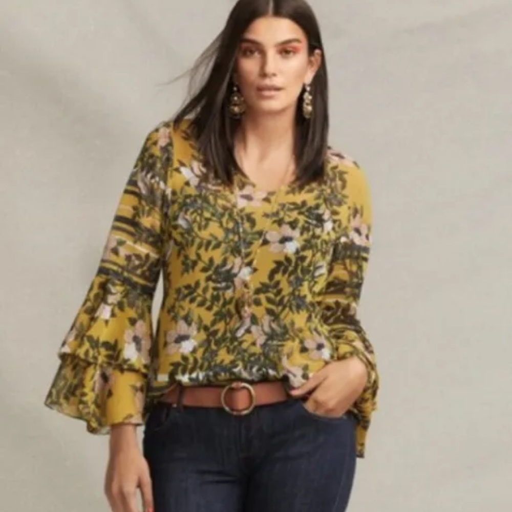 Cabi 5518 spring scene bell sleeves yellow floral lightweight XS v neck